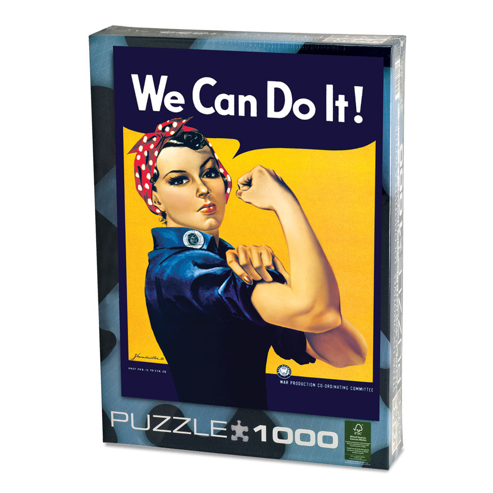 1,000 Piece Jigsaw Puzzle made from Recycled Paper depicting Artist Howard Miller’s famous “We Can Do It” Illustrated Motivational Poster for Westinghouse Electric depicting Rosie the Riveter and Female Patriotism during World War II shown in its original packaging by EuroGraphics.