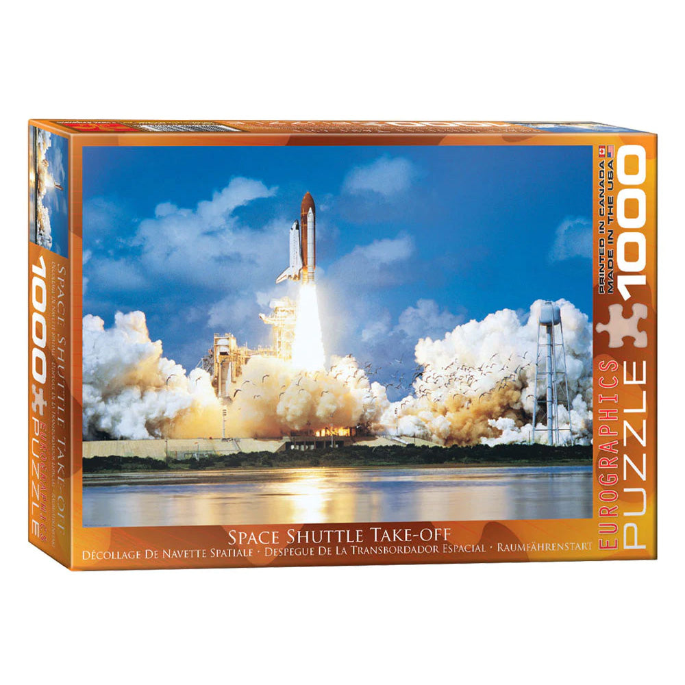 1,000 Piece Jigsaw Puzzle made from Recycled Paper depicting the Space Shuttle Discovery Lifting Off from Kennedy Space Center shown in its original packaging by EuroGraphics.
