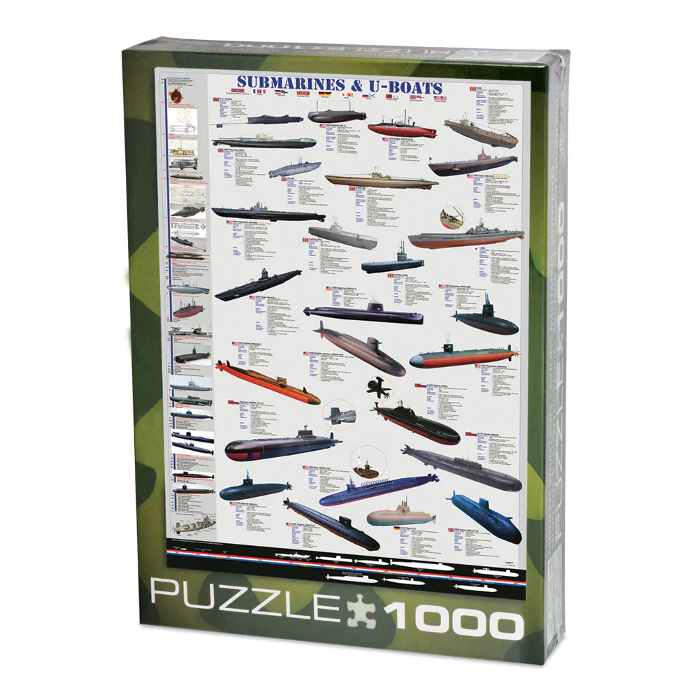 1,000 Piece Jigsaw Puzzle made from Recycled Paper depicting Information and illustrations of Various Submarines and U-Boats throughout History shown in its original packaging by EuroGraphics.