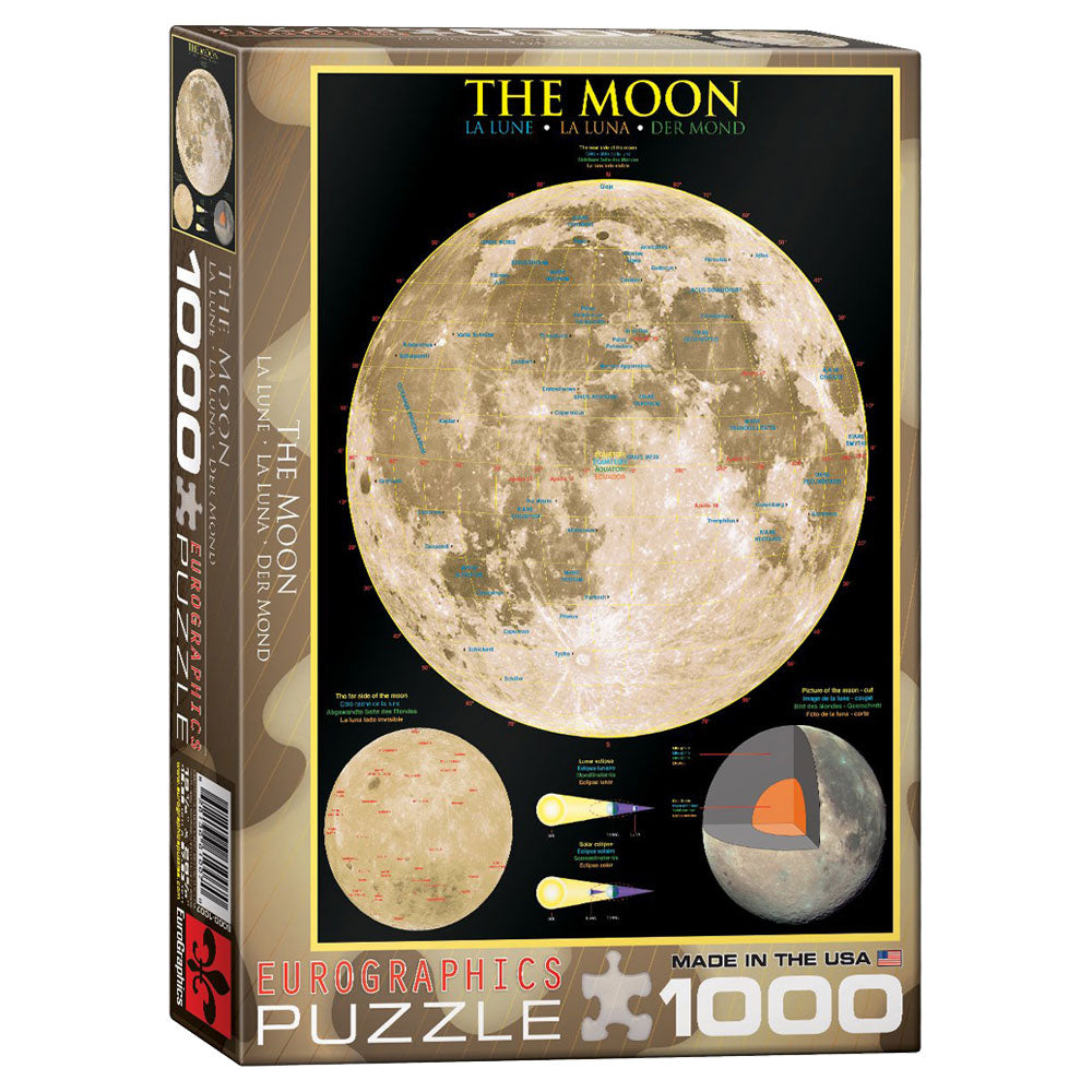 1,000 Piece Jigsaw Puzzle made from Recycled Paper depicting the Lunar Surface along with Important Geographical Locations and Diagrams of the Core and Moon Phases shown in its original packaging by EuroGraphics.