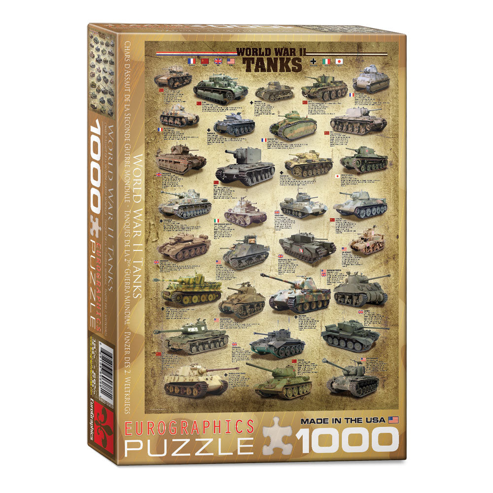 1,000 Piece Jigsaw Puzzle made from Recycled Paper depicting Images, Illustrations and Information about Various World War II Military Tanks shown in its original packaging by EuroGraphics.