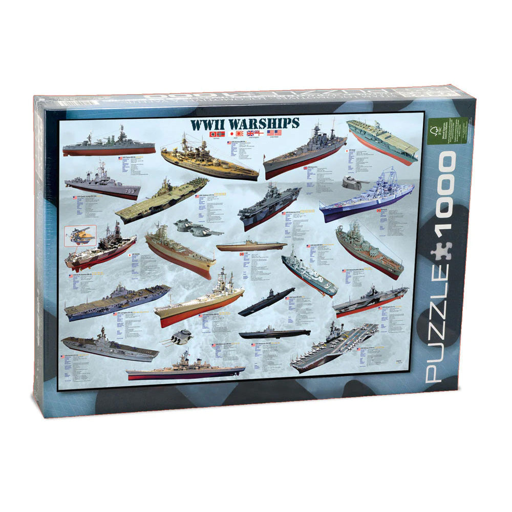 1,000 Piece Jigsaw Puzzle made from Recycled Paper depicting World War II Warships, Battleships, Submarines, Artillery and Aircraft Carrier shown in its original packaging by EuroGraphics.