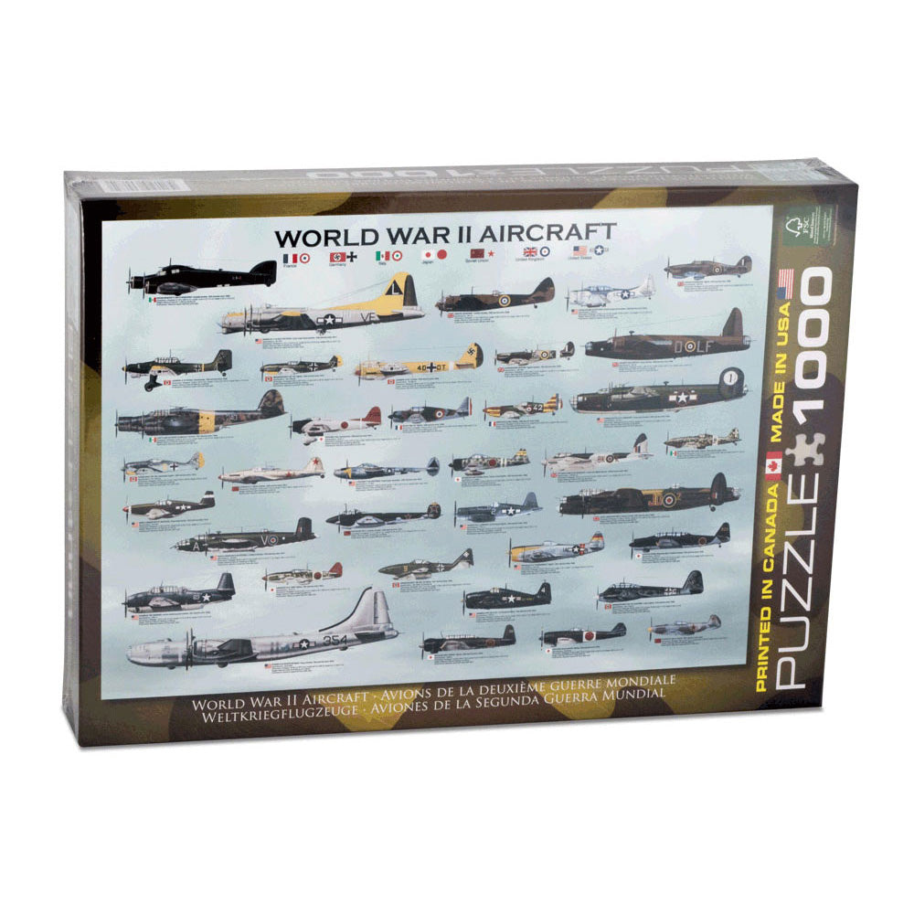 1,000 Piece Jigsaw Puzzle made from Recycled Paper depicting Various Bomber & Fighter Aircraft used by both the Allied Forces and the Axis Powers in World War II shown in its original packaging by EuroGraphics.