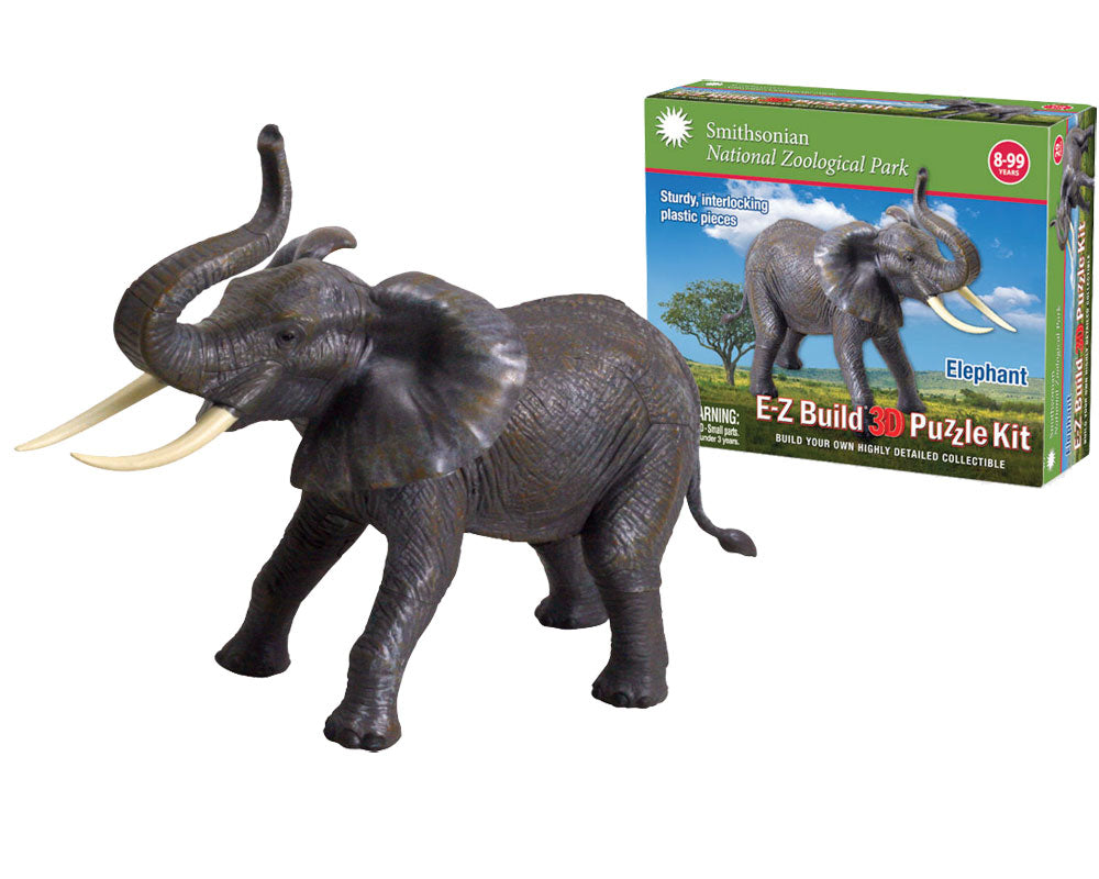 Durable Detailed Plastic 3-Dimensional Puzzle of a Safari Zoo Animal Elephant that comes in 29 Precisely Interlocking Small Plastic Pieces and when Assembled Creates a Highly Detailed Replica for Display or Play.