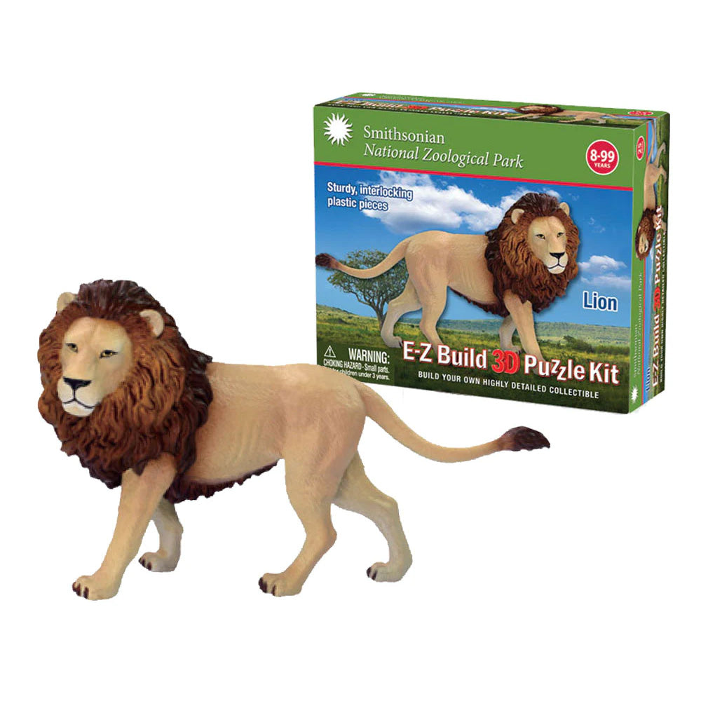 Durable Detailed Plastic 3-Dimensional Puzzle of a Safari Zoo Animal Lion that comes in 25 Precisely Interlocking Small Plastic Pieces and when Assembled Creates a Highly Detailed Replica for Display or Play.