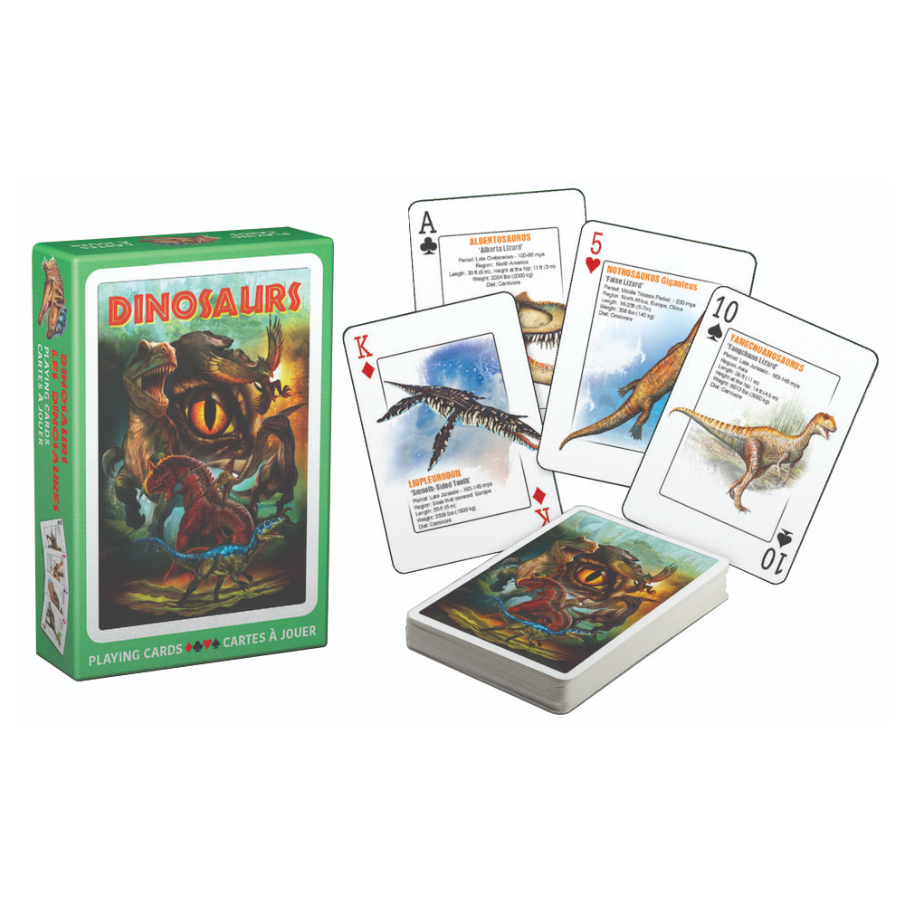 Dinosaur Playing Cards Dinosaur fans of all ages will love these Dinosaur playing cards! Decks feature 52 different illustrated dinosaur images and facts. Convenient countertop display contains 12 decks each and each deck comes in a sturdy storage box.