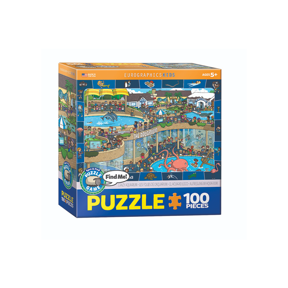 Spot and Find Crazy Aquarium Puzzle Children's 100 piece spot and find jigsaw puzzle featuring a variety of aquarium animals. Made by Eurographics.