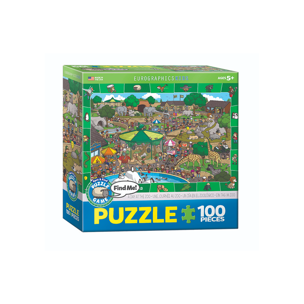 Spot and Find Day at the Zoo Puzzle Children's 100 piece spot and find jigsaw puzzle featuring a variety of Zoo animals. Made by Eurographics.