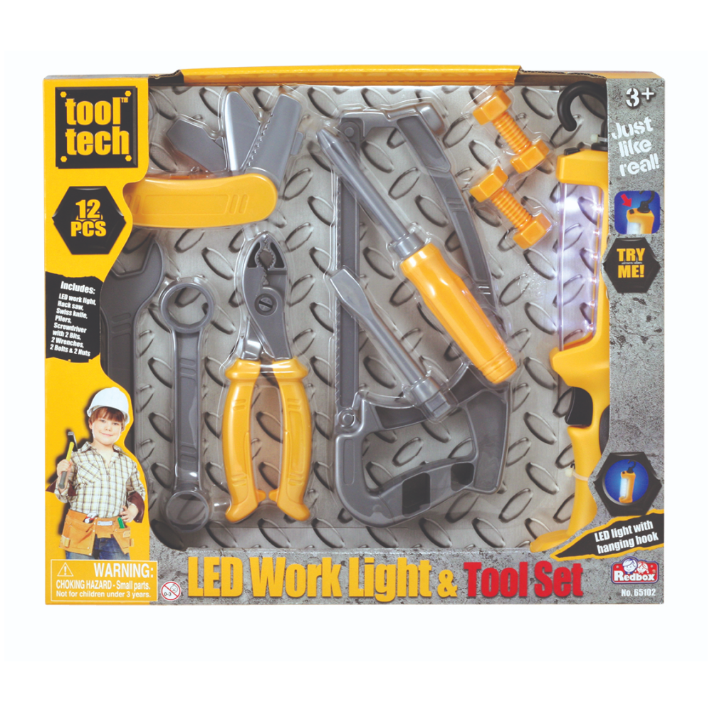 This set is loaded with lots of great tools to keep little builders busy! Each tool is made of rugged high-impact plastic.  Includes:  Working LED light with hook for hanging Multi-Tool Saw Nuts and Bolts Pliers Wrenches Tool Tech Red Box Toys
