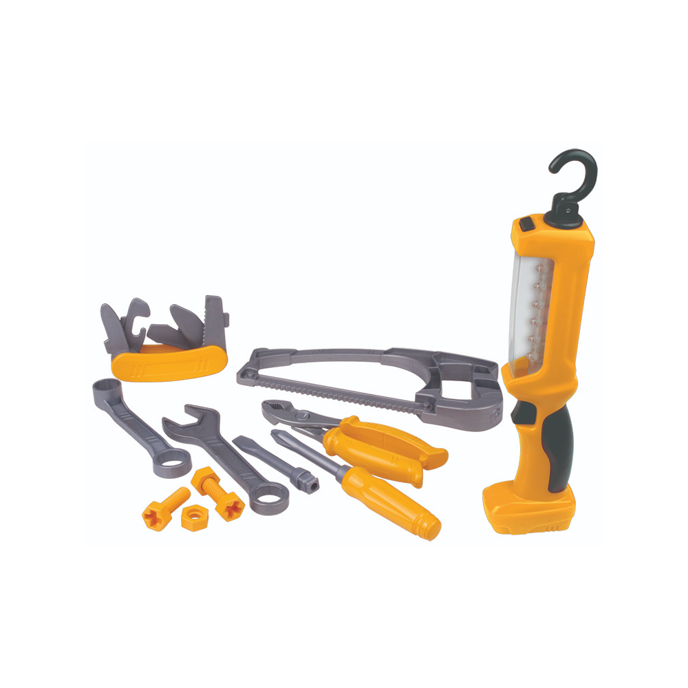 This set is loaded with lots of great tools to keep little builders busy! Each tool is made of rugged high-impact plastic.  Includes:  Working LED light with hook for hanging Multi-Tool Saw Nuts and Bolts Pliers Wrenches Tool Tech Red Box Toys