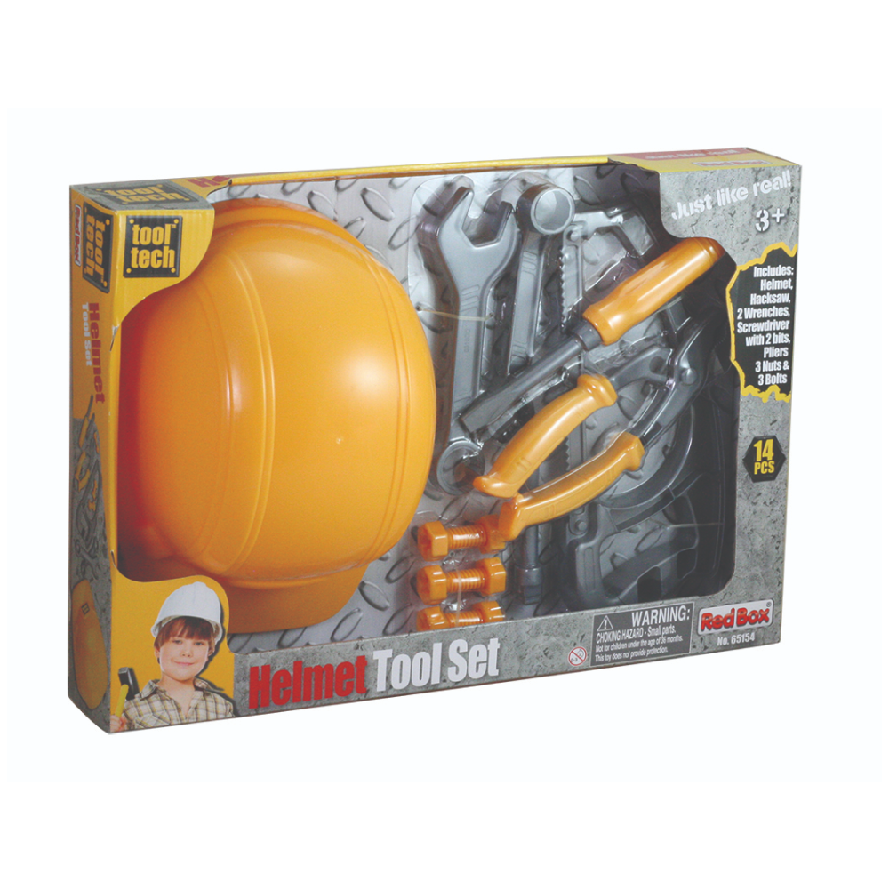 Little builders will love this realistic set which features five durable plastic tools plus nuts and bolts and an adjustable pretend hard hat! Tool Tech Red Box Toys