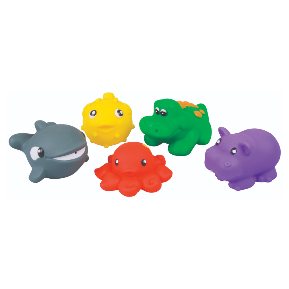 Each colorful water animal in this set are just the right size for little hands and are perfect for fun in the tub!  3" Long  For ages 18 Months and up Red Box