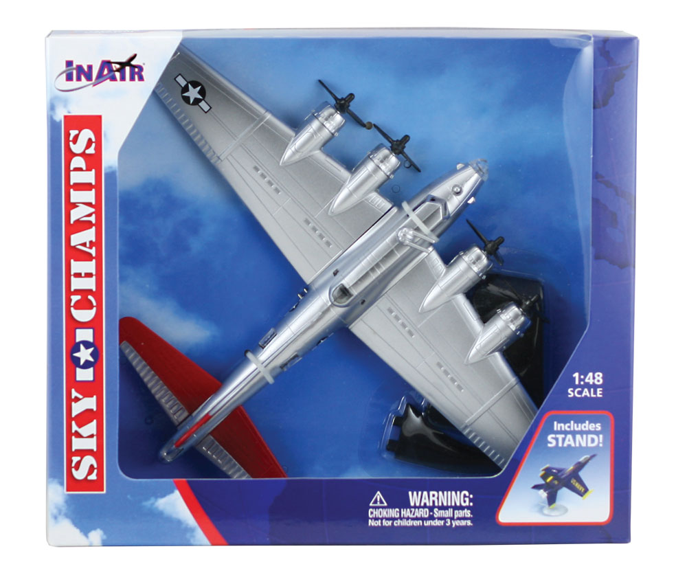 Durable Plastic Desktop Model Replica of the Boeing B-17 Flying Fortress World War II Heavy Bomber Aircraft with Spinning Props, Detailed Markings and Display Stand in its Original Packaging.