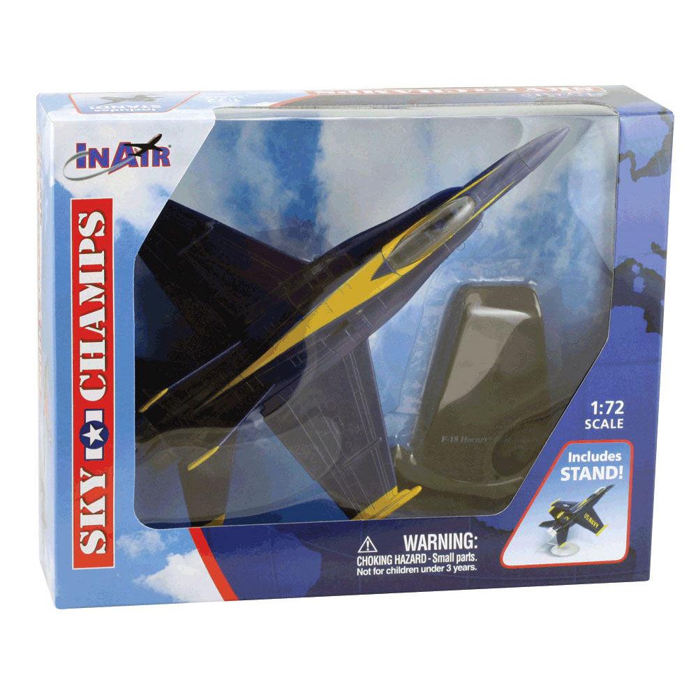 1:72 Scale Durable Plastic Desktop Model Replica of the McDonnell Douglas F/A-18 Hornet Blue Angels Jet Fighter Aircraft with Detailed Markings and Display Stand in its Original Packaging.