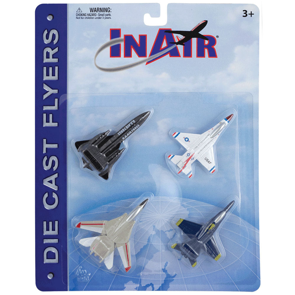 SET of 4 Durable Die Cast Modern Fighter Bomber Aircraft with Authentic Markings and Details including the F-18 Hornet Blue Angels, F-14 Tomcat, F-16 Fighting Falcon Thunderbirds, & SR-71 Blackbird in its Original Packaging.