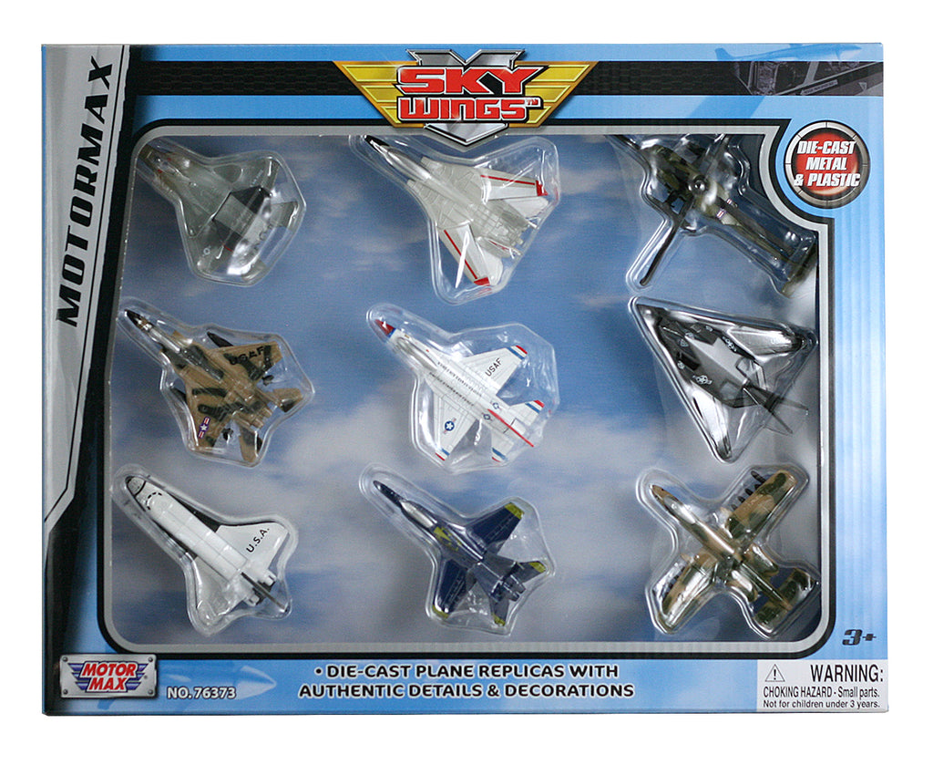Sky Wings Motormax - Aviation enthusiasts will love this deluxe playset featuring nine diecast metal replicas, including: F-14 Tomcat, F/A-18 Hornet Blue Angels, F-16 Flying Falcon Thunderbirds, F-22 Lightning, F-117 Nighthawk, A-10 Thunderbolt, Space Shuttle Orbiter, AH-64 Apache Helicopter, F-15 Eagle Officially licensed toy airplane models. InAir Diecast Flyers