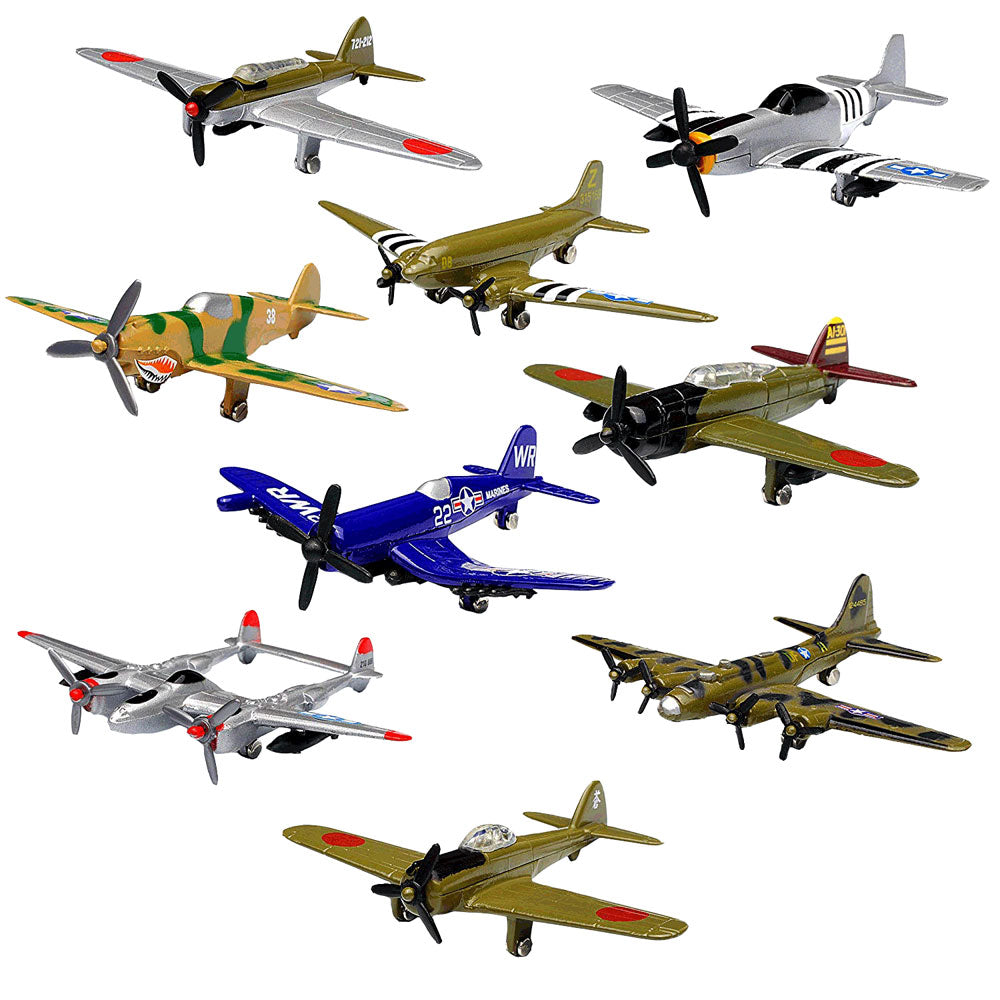 Sky Wings Motormax - Set of 9 Diecast Metal World War II Replica Aircraft including P-51 Mustang, P-40 Flying Tiger, D4Y3 Judy, Nakajima Ki-43 Oscar, P-38 Lightning, C-47 Skytrain, B-17 Flying Fortress, F4U Corsair and Nakajima B5N ‘Kate’ each measuring Approximately 3.5 Inches Long. InAir Diecast Flyers