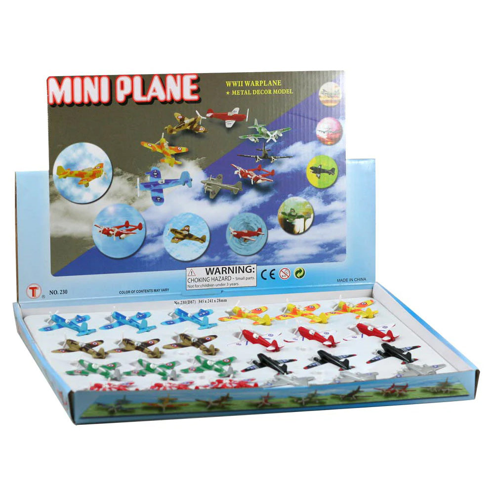Set of 24 Small Colorful Die Cast Metal World War II Aircraft including 3 of each of the Following Aircraft: F4U Corsair, P-51 Mustang, P-38 Lightning, B-17 Flying Fortress, Supermarine Spitfire, C-47 Skytrain, Messerschmitt Bf 109, and Zero Fighter in its Original Packaging doubling as a Display Tray.