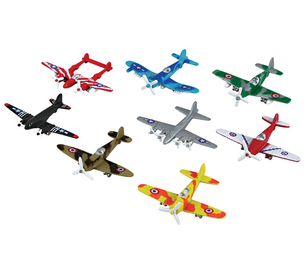 Set of 24 Small Colorful Die Cast Metal World War II Aircraft including 3 of each of the Following Aircraft: F4U Corsair, P-51 Mustang, P-38 Lightning, B-17 Flying Fortress, Supermarine Spitfire, C-47 Skytrain, Messerschmitt Bf 109, and Zero Fighter.