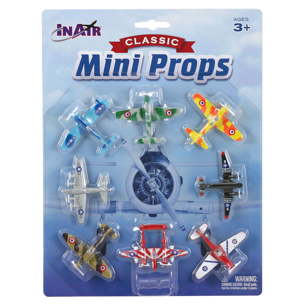 Set of 8 Small Colorful Die Cast Metal World War II Aircraft including an F4U Corsair, P-51 Mustang, P-38 Lightning, B-17 Flying Fortress, Supermarine Spitfire, C-47 Skytrain, Messerschmitt Bf 109, and Zero Fighter in its Original Packaging.