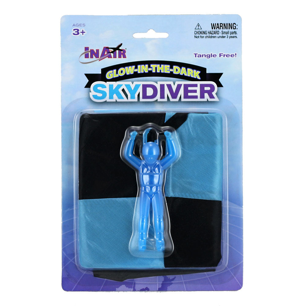 4 Inch Blue Durable Plastic Glow In the Dark Skydiver with 20 Inch Tangle Free Fabric Parachute in its Original Packaging.