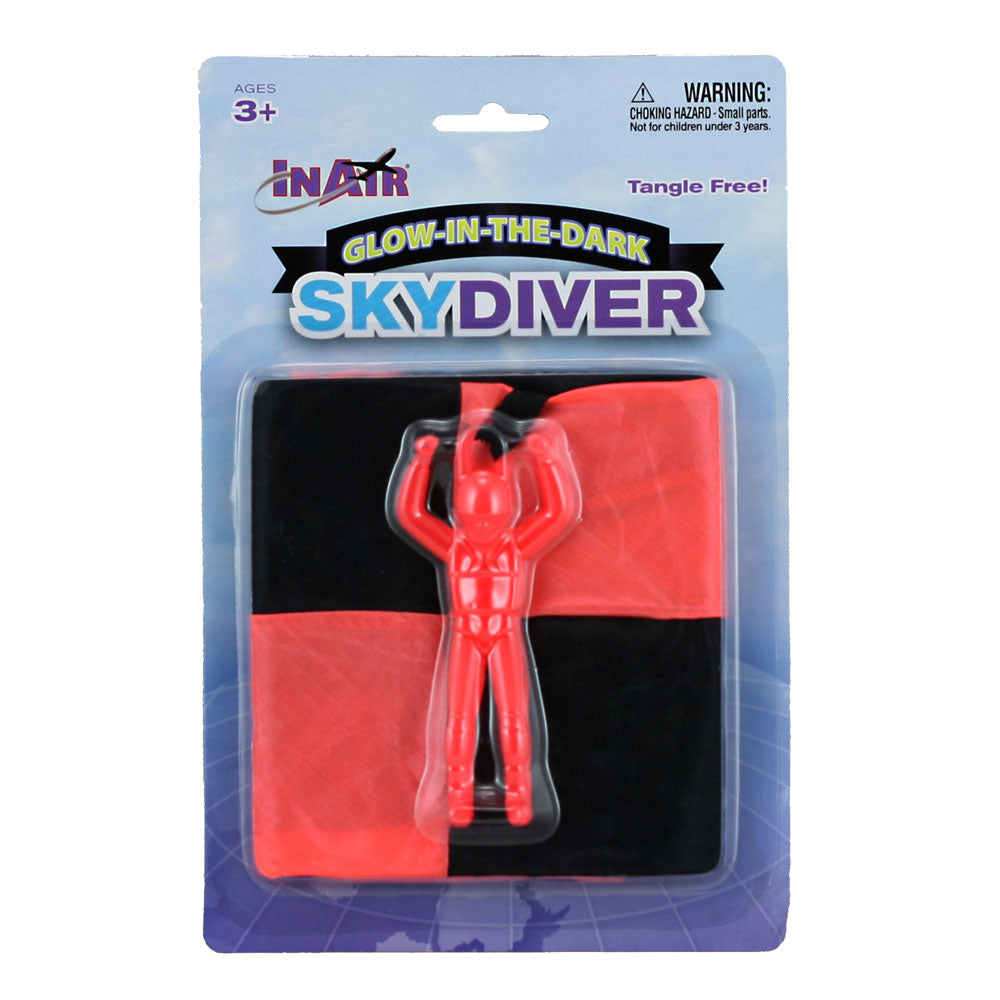 4 Inch Orange Durable Plastic Glow In the Dark Skydiver with 20 Inch Tangle Free Fabric Parachute in its Original Packaging.