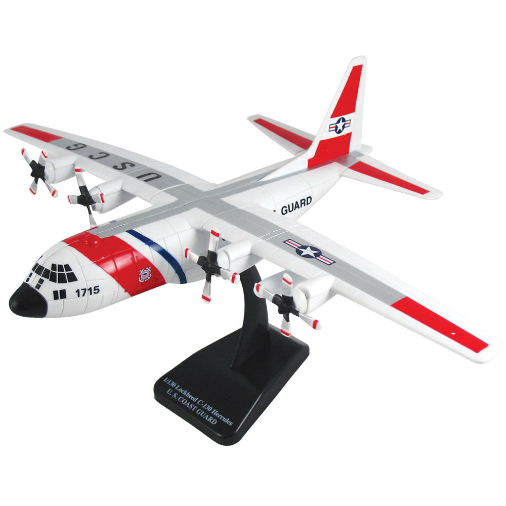 Highly Detailed 1:130 Scale Plastic Model Kit Replica of a Lockheed C-130 US Coast Guard Hercules Transport Aircraft with Detailed Markings and Display Stand that Includes Everything Needed for Assembly.