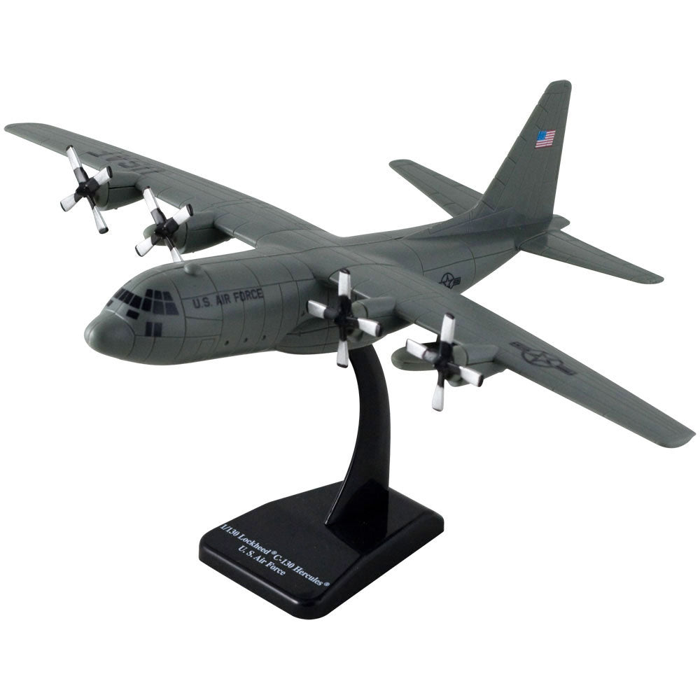 Highly Detailed 1:130 Scale Plastic Model Kit Replica of a Lockheed C-130 Hercules Gray Transport Aircraft with Detailed Markings and Display Stand that Includes Everything Needed for Assembly.