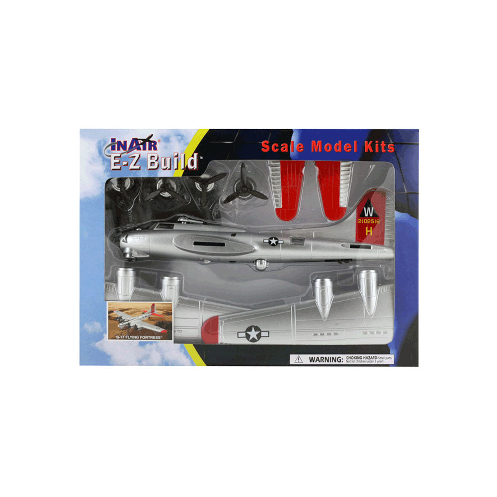 Highly Detailed 1:144 Scale Plastic Model Kit Replica of a Boeing B-17 Flying Fortress Silver Heavy Bomber Aircraft with Detailed Markings and Display Stand in its Original Packaging.