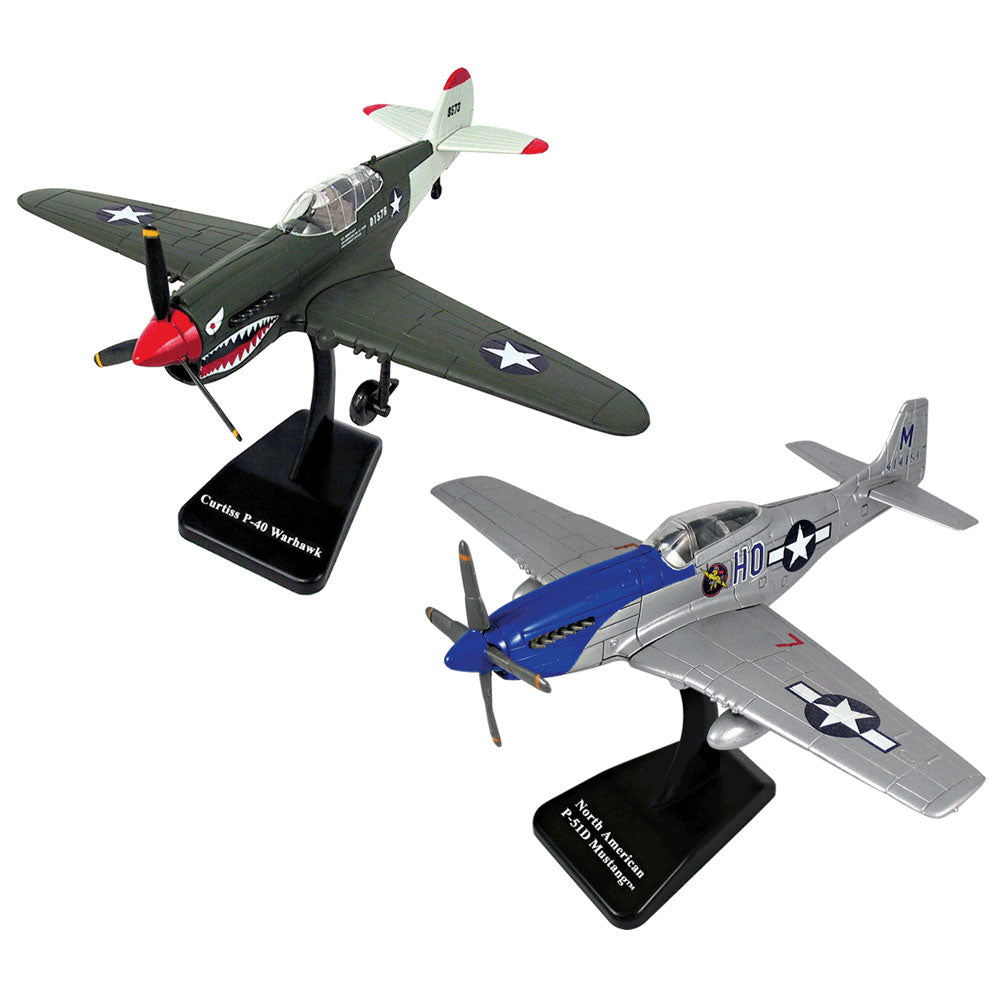 SET of 2 Highly Detailed 1:48 Scale Plastic Model Kit Replicas of World War II Fighter Aircraft with Detailed Markings and Display Stands that Include Everything Needed for Assembly. Curtiss P-40 Warhawk & P-51D Mustang.