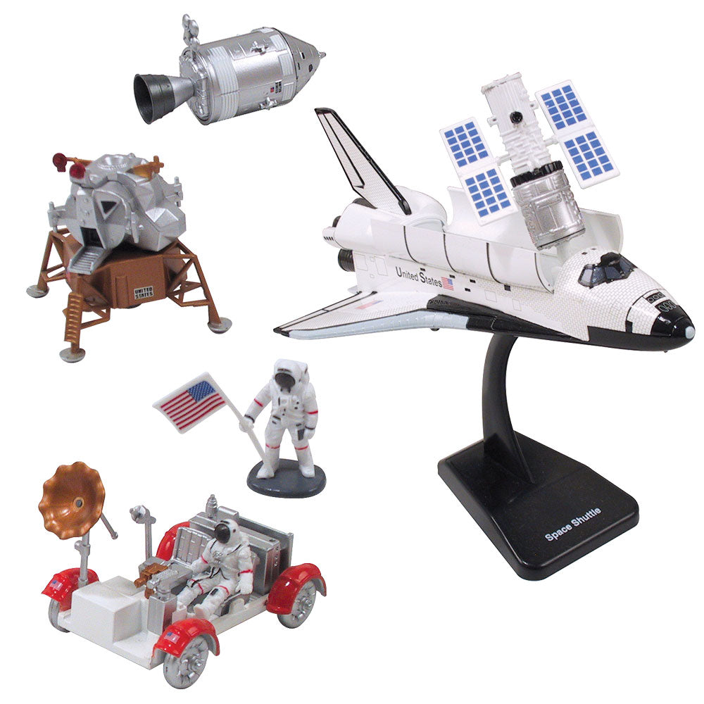 SET of 2 Highly Detailed Plastic Model Kit Replicas of the NASA Space Shuttle Orbiter and Apollo Lunar Module & Lunar Rover with Detailed Markings and Display Stands that Include Everything Needed for Assembly.