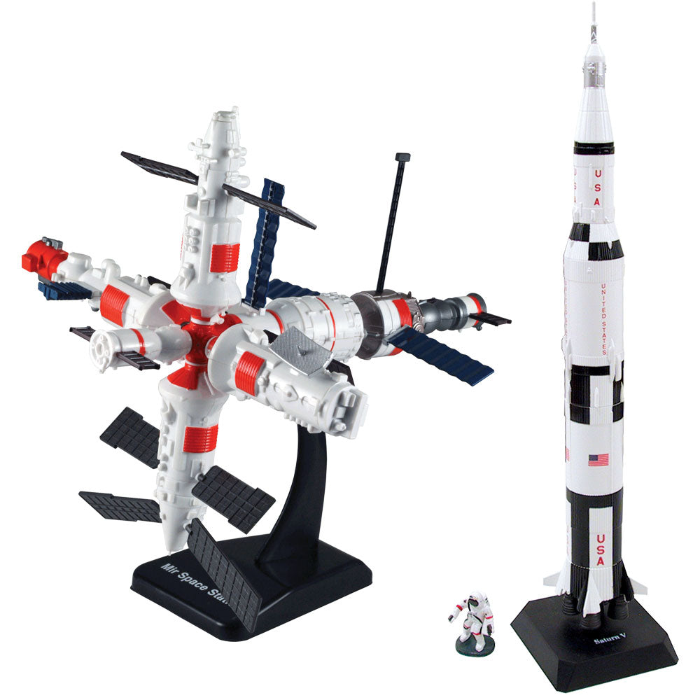 SET of 2 Highly Detailed Plastic Model Kit Replicas of the NASA Apollo Saturn V Rocket and MIR Space Station with Detailed Markings and Display Stands that Include Everything Needed for Assembly.