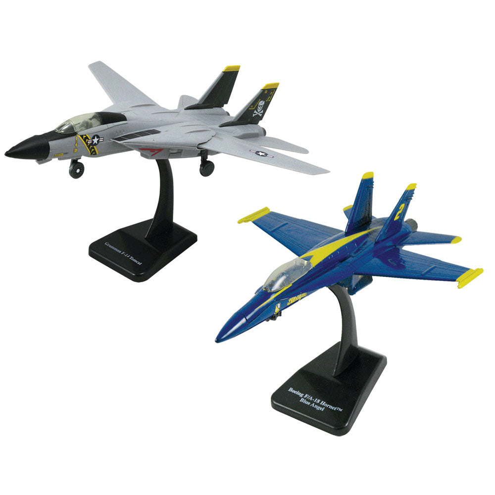 SET of 2 Highly Detailed 1:72 Scale Plastic Model Kit Replicas of Modern Fighter Aircraft with Detailed Markings and Display Stands that Include Everything Needed for Assembly. F-14 Tomcat Sweep Wing & F/A-18 Hornet Blue Angels.