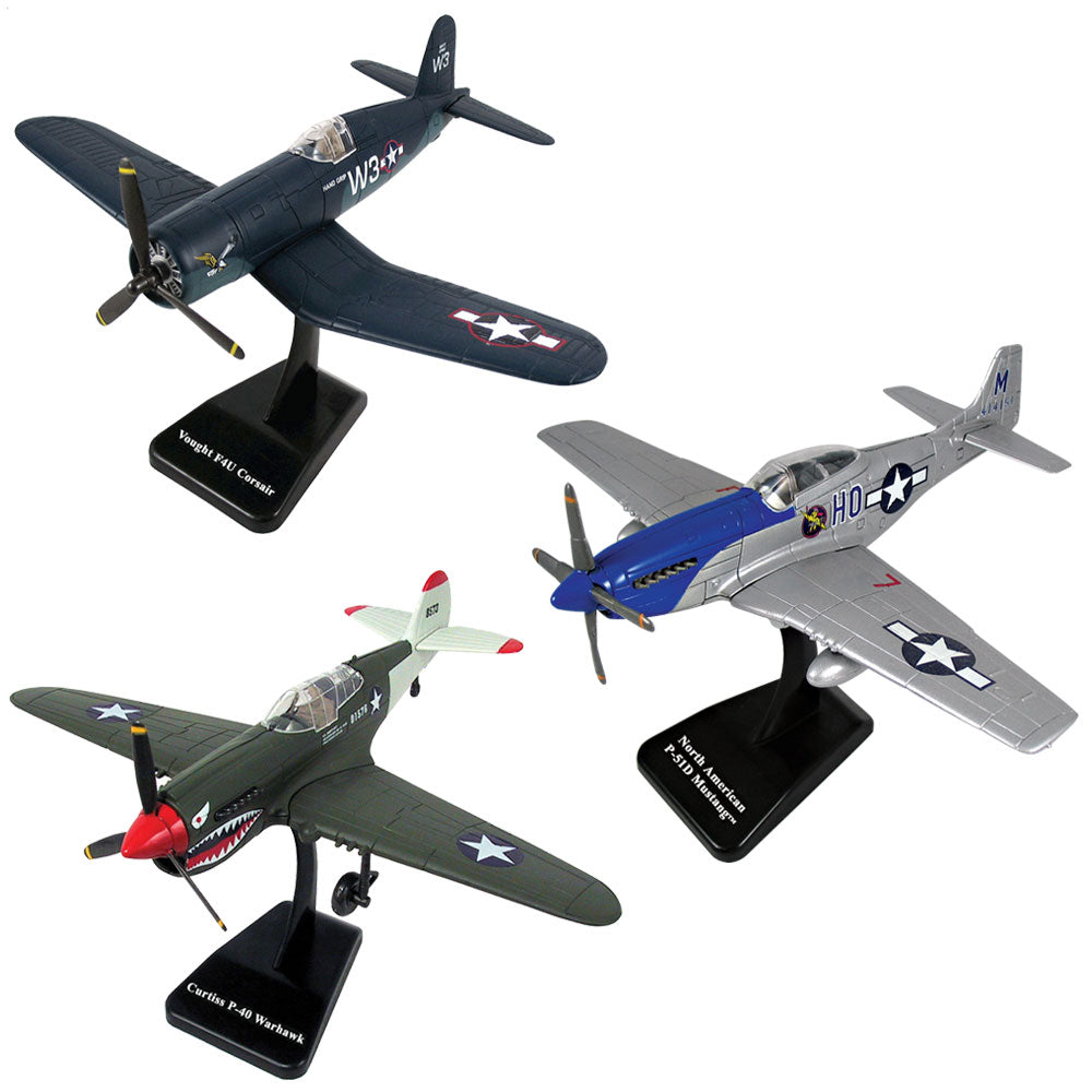 SET of 3 Highly Detailed 1:48 Scale Plastic Model Kit Replicas of World War II Fighter Aircraft with Detailed Markings and Display Stands that Include Everything Needed for Assembly. Curtiss P-40 Warhawk, P-51 Mustang & Vought F4U Corsair.