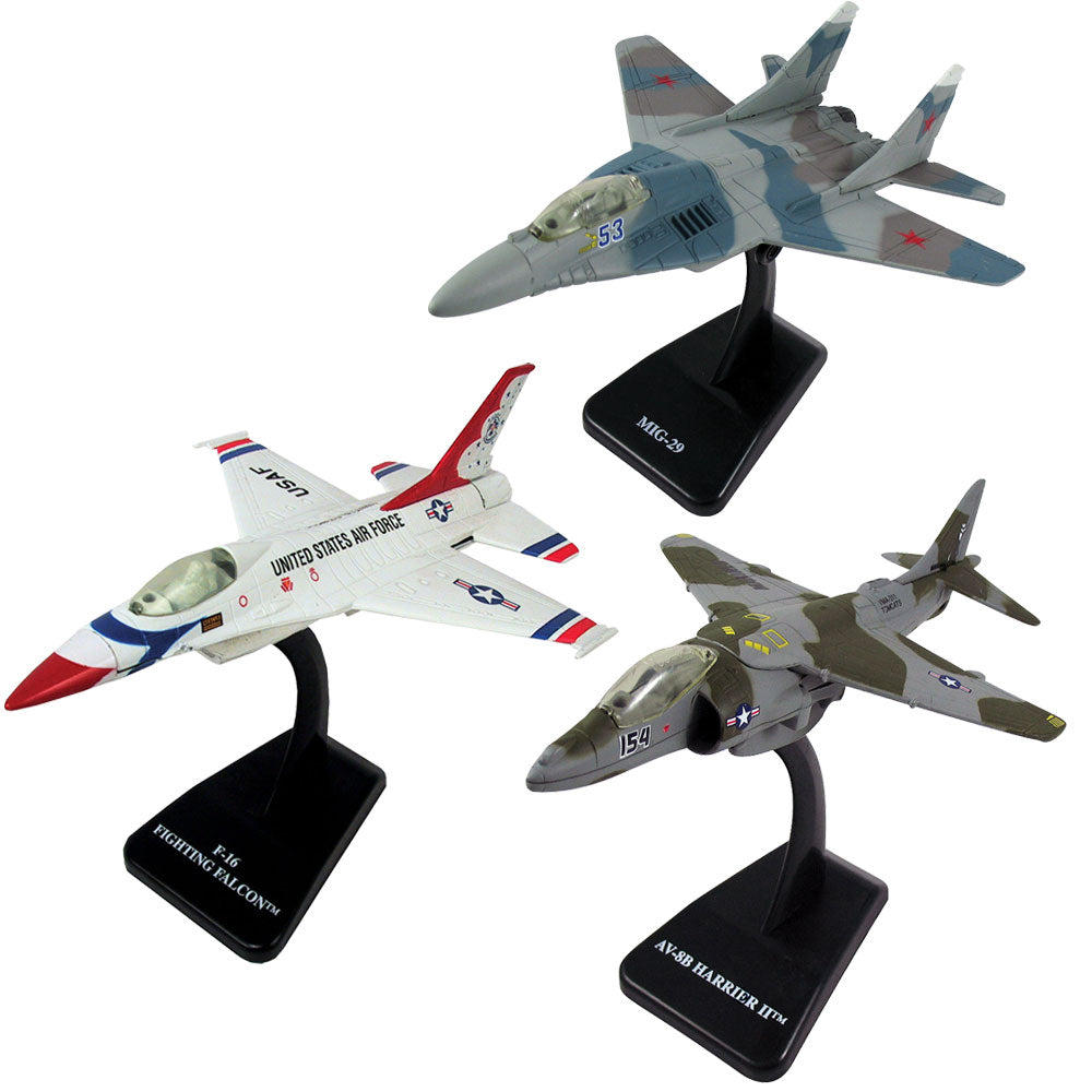 SET of 3 Highly Detailed 1:72 Scale Plastic Model Kit Replicas of Tactical Fighter Aircraft with Detailed Markings and Display Stands that Include Everything Needed for Assembly. General Dynamics F-16 Fighting Falcon Thunderbirds, McDonnell Douglas AV-8B Harrier, Mikoyan MiG 29.