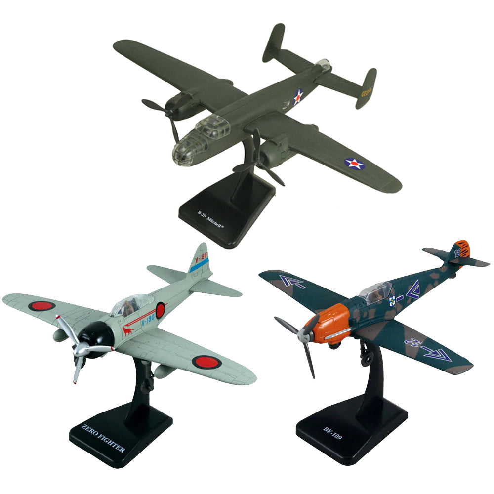 These realistic plastic model kits measure ten inches long. The B-25 Mitchell, Messerschmitt BF109 and Zero Fighter include full-color markings, retractable landing gear and display stand. Each kit includes everything needed for assembly and can be easily assembled in about 10 minutes.  Highly detailed plastic models (assembly required) 1:48 Scale 10 minute build-up time Includes display stands