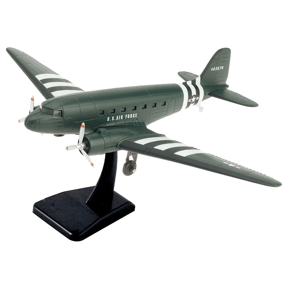 Highly Detailed 1:144 Scale Plastic Model Kit Replica of a Douglas C-47 Skytrain or DC-3 Military World War II Transport Aircraft with Detailed Markings and Display Stand that Includes Everything Needed for Assembly.