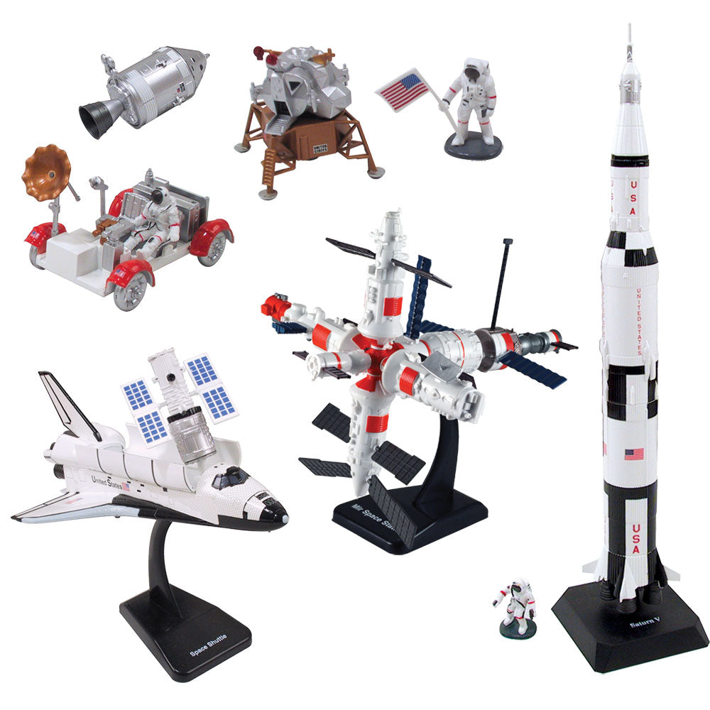 SET of 4 Highly Detailed Plastic Model Kit Replicas of NASA and Soviet Space Explorer Vehicles with Detailed Markings and Display Stands that Include Everything Needed for Assembly. MIR Space Station, Space Shuttle Orbiter, Saturn V Rocket, and Lunar Rover & Lander.
