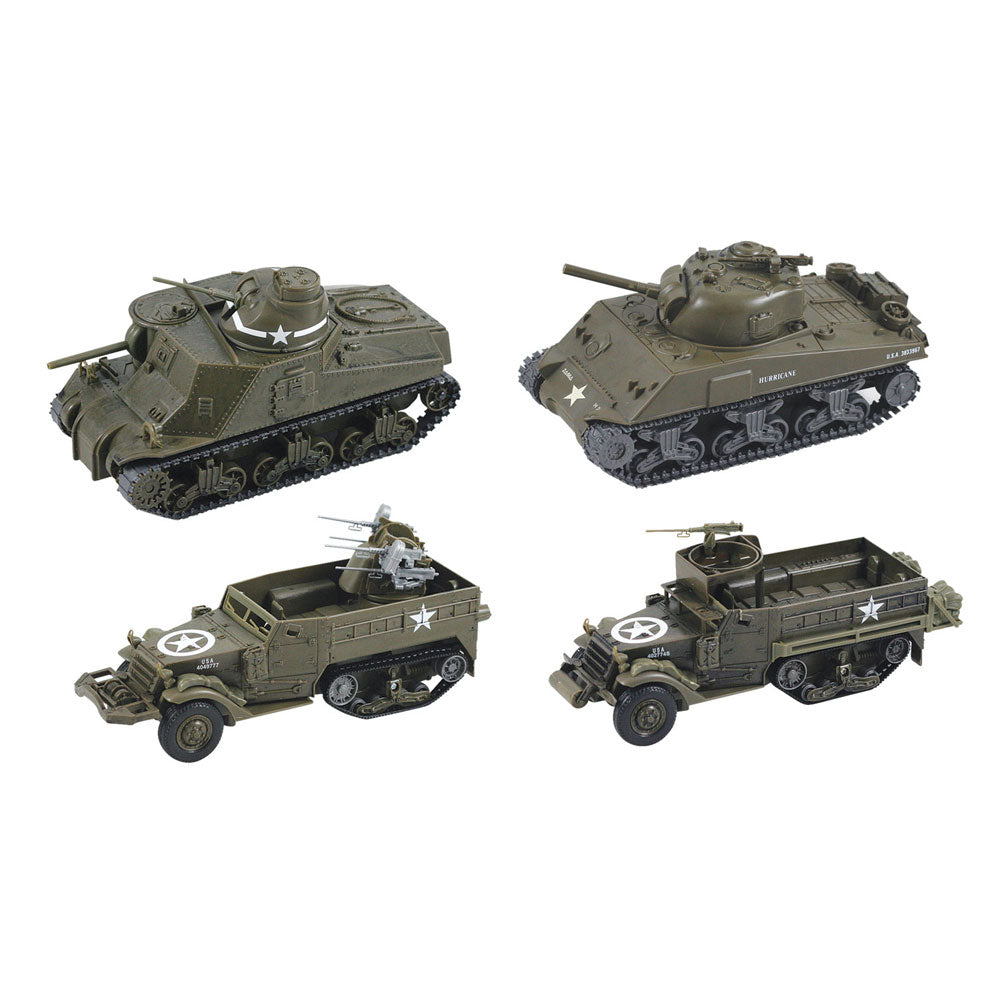 SET of 4 Highly Detailed 1:32 Scale Plastic Model Kit Replicas of World War II Military Tanks that Includes Everything Needed for Assembly and are Built Up in about 10 Minutes measuring 8 Inches once Fully Assembled.
