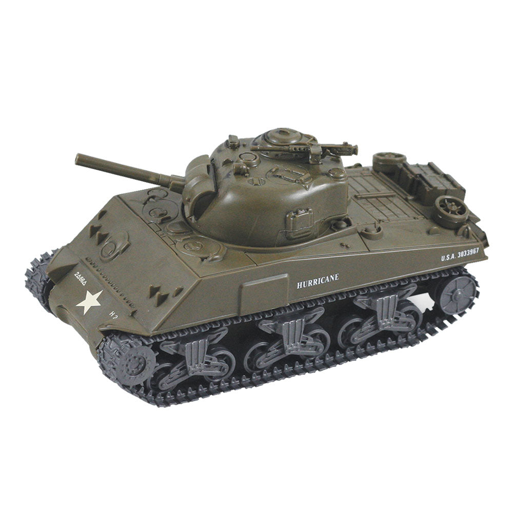 Highly Detailed 1:32 Scale Plastic Model Kit Replica of a World War II M4A3 Sherman Military Tank that Includes Everything Needed for Assembly and is Built Up in about 10 Minutes measuring 8 Inches once Fully Assembled.