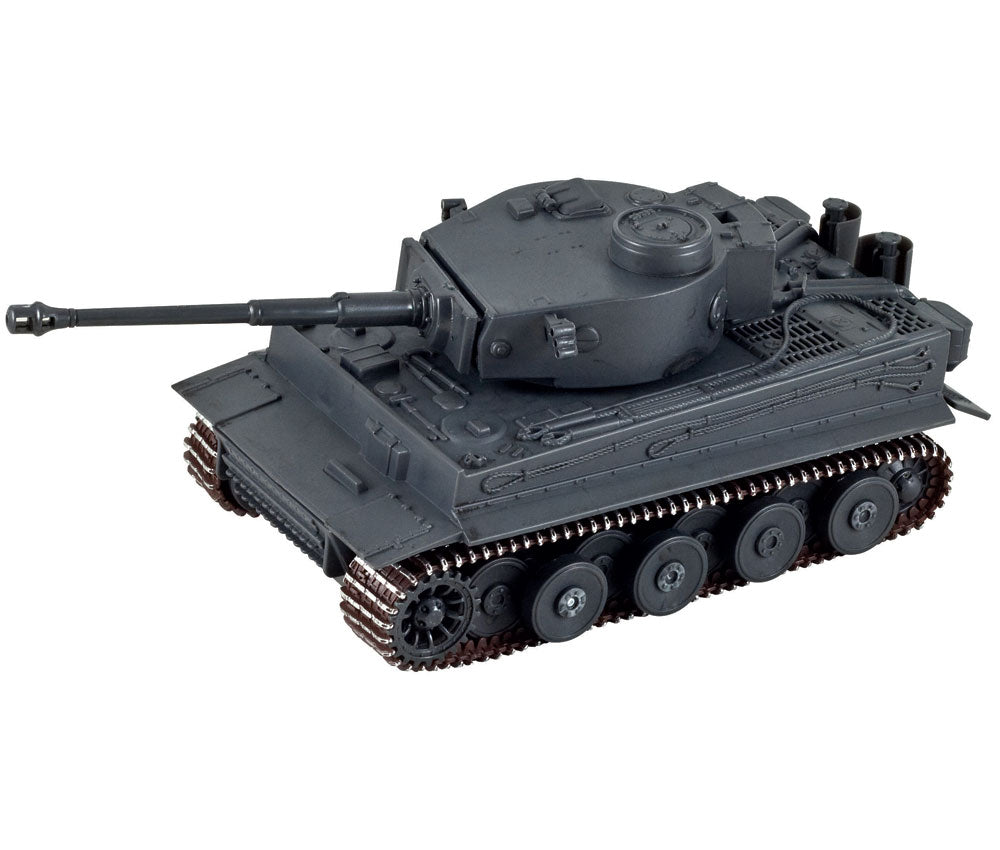 Highly Detailed Battery Operated 1:32 Scale Plastic Model Kit Replica of a Gray Panzer Tiger I Military Tank with Movable Turret, Wheels, and Opening Hatch measuring 9 Inches Once Fully Assembled. On/Off Switch Controls Forward Movement.
