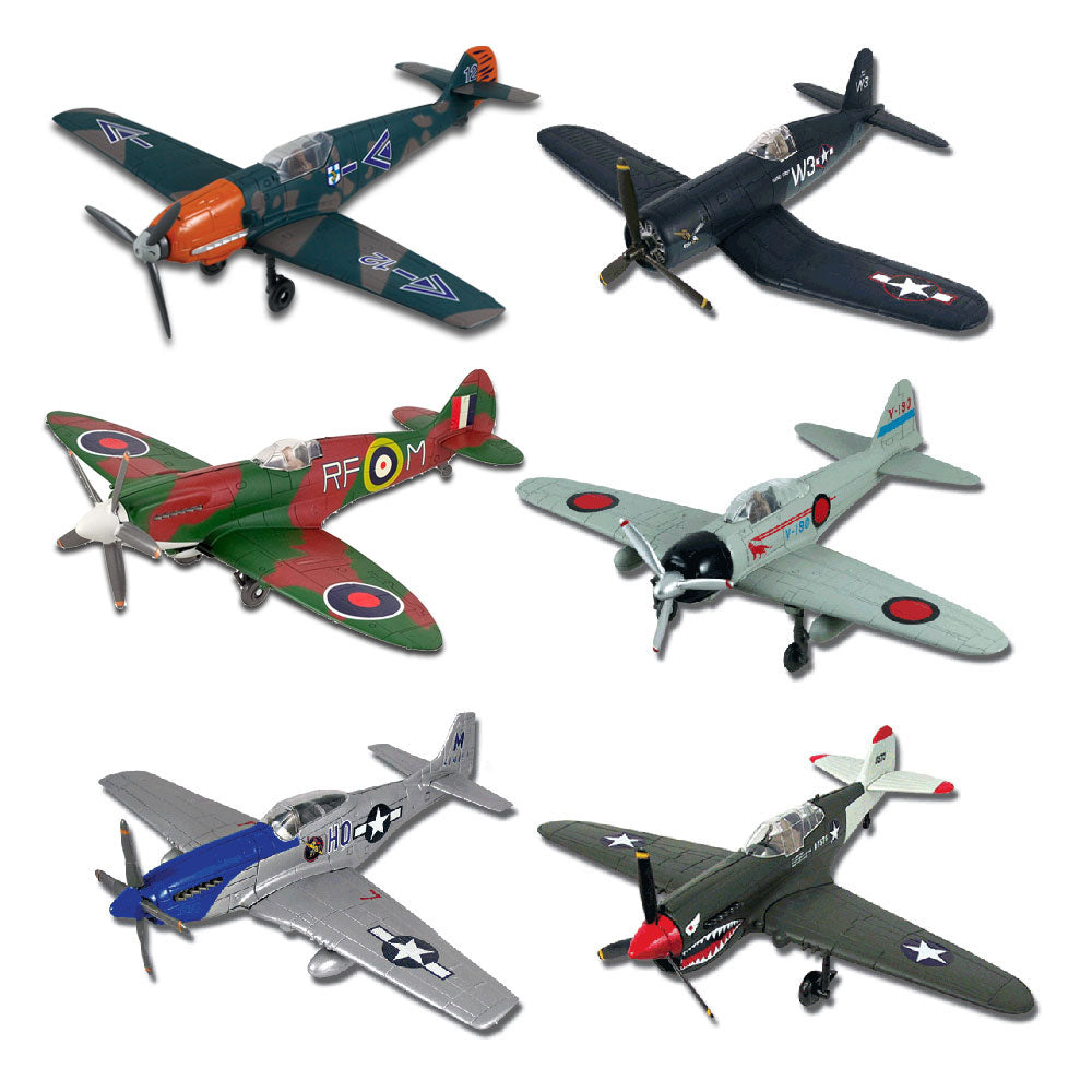 SET of 6 Highly Detailed 1:48 Scale Plastic Model Kit Replicas of World War II Fighters with Detailed Markings and Display Stands that Include Everything Needed for Assembly. P-51 Mustang, P-40 Warhawk, F4U Corsair, Supermarine Spitfire, Mitsubishi Zero, and Messerschmitt BF109.