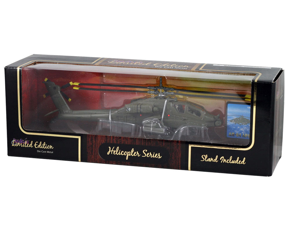 1:55 Scale Die Cast Metal and Plastic Collectible Green Boeing AH-64 Apache Longbow Military Attack Helicopter in its Original Packaging.