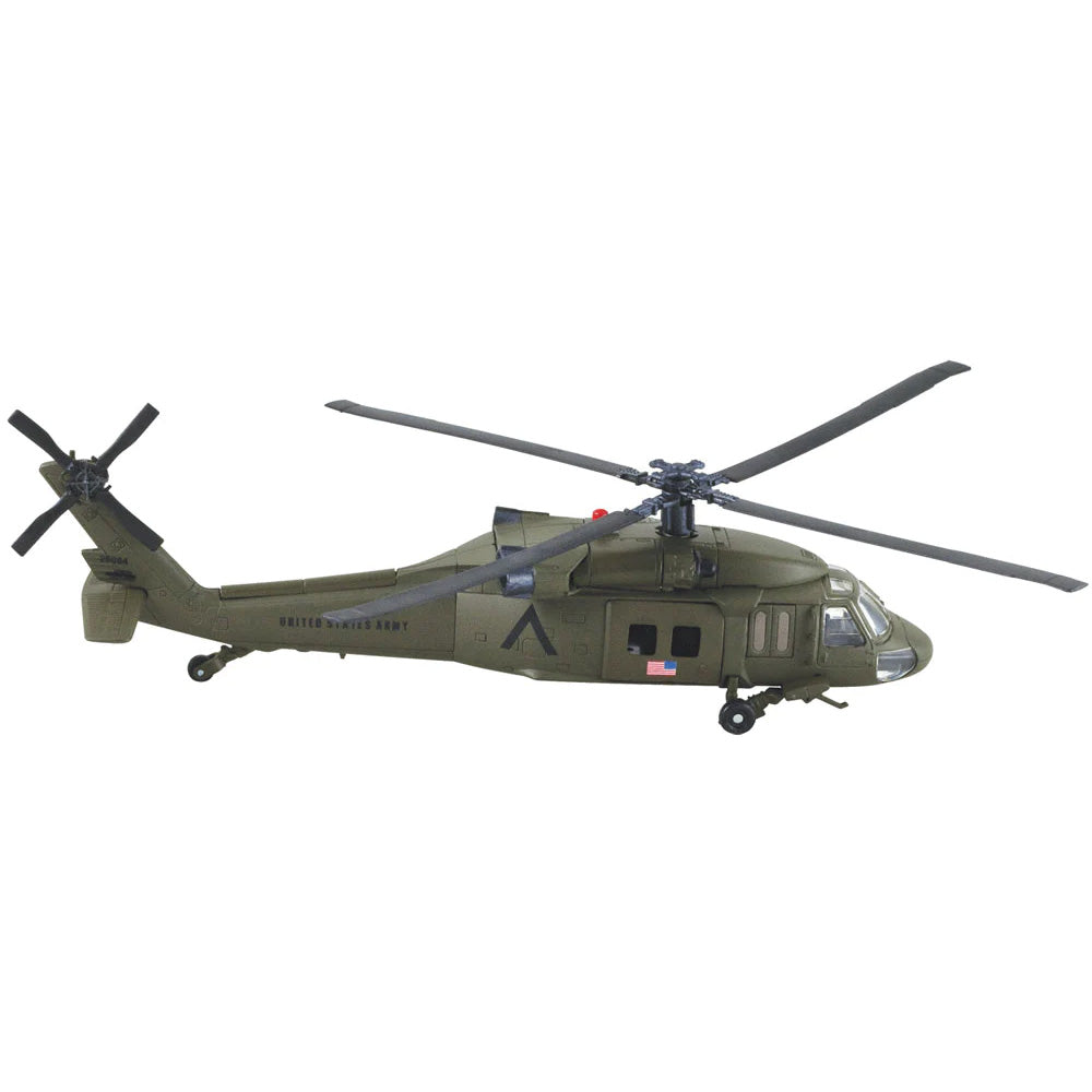 1:60 Scale Die Cast Metal and Plastic Collectible Green Sikorsky UH-60 Black Hawk Military Helicopter with Authentic Details, Opening Doors, Spinning Props, Display Stand and Educational Collectors Card.