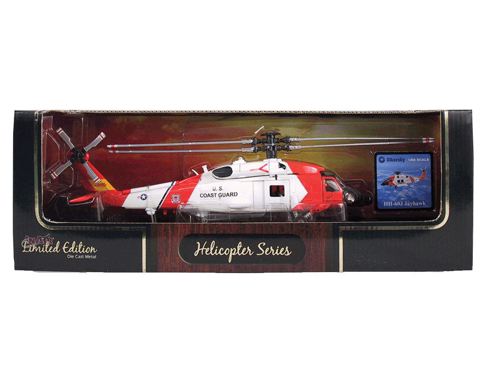 1:60 Scale Die Cast Metal and Plastic Collectible Red & White Sikorsky HH-60 Jayhawk US Coast Guard Helicopter in its Original Packaging.