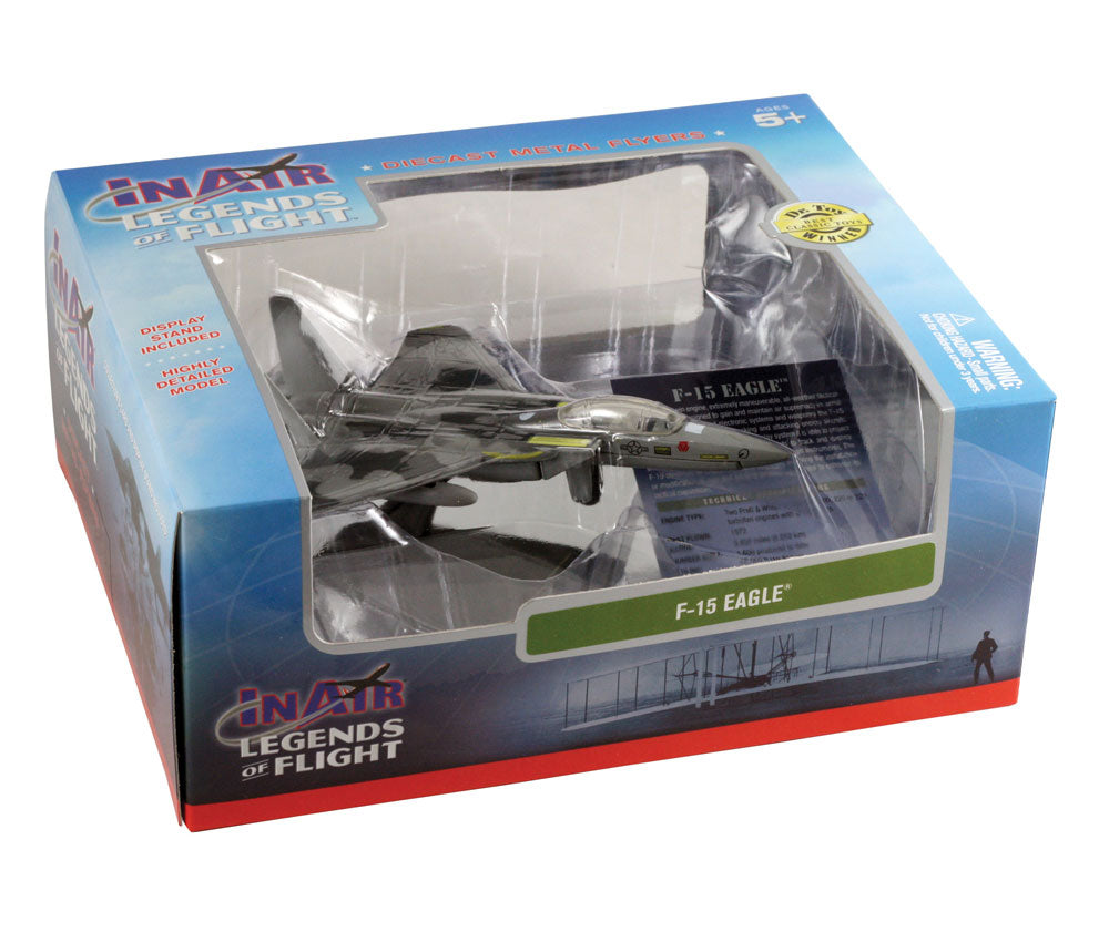 Sturdy Die Cast Metal Scale Replica of a McDonnell Douglas (Boeing) Camouflage F-15 Eagle Tactical Fighter Aircraft with Authentic Markings & Details, Display Stand and Educational Collectors Card in its Original Packaging.