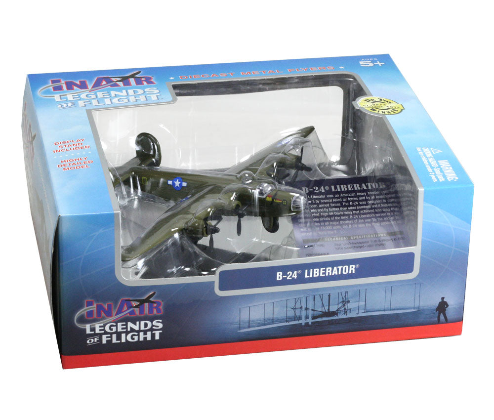 Sturdy Die Cast Metal Scale Replica of a Green Consolidated B-24 Liberator World War II Heavy Bomber Aircraft with Authentic Markings & Details, Display Stand and Educational Collectors Card in its Original Packaging.