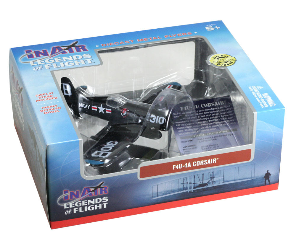 Sturdy Die Cast Metal Scale Replica of a Blue Vought F4U Corsair World War II Bent Wing Fighter Aircraft with Authentic Markings & Details, Display Stand and Educational Collectors Card in its Original Packaging.