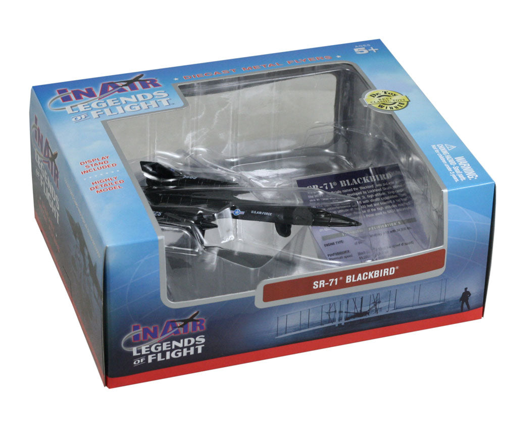 Sturdy Die Cast Metal Scale Replica of a Black Lockheed SR-71 Blackbird Stealth Reconnaissance Aircraft with Authentic Markings & Details, Display Stand and Educational Collectors Card in its Original Packaging.