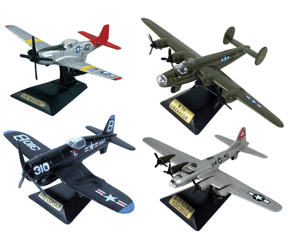 SET of 4 Sturdy Die Cast Metal Scale Replica of World War II Fighter Bomber Aircraft with Authentic Markings & Details, Moving Parts and Display Stands. P-51 Mustang “Red Tails” Tuskegee Airman, B-24 Liberator, Vought F4U Corsair, & B-17 Flying Fortress.